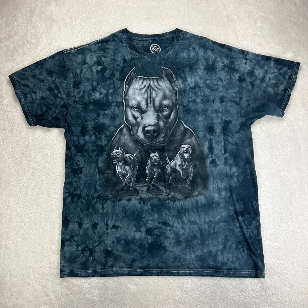 DOM Crewneck T-Shirt Pit Bulls Mens 2XL Black Tie-Dye Dogs Striking Graphic